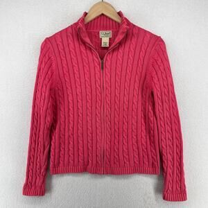 LL BEAN Sweater Womens S Cable Mock Neck Full Zip Cardigan Cotton Pink
